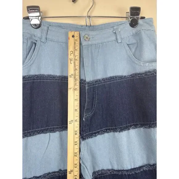 Jeans Women’s Blue Y2K Patchwork Size L High Rise Frayed Straight Leg Raw Hem - Picture 9 of 13